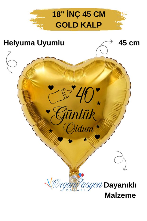 18 Inch Gold Heart Foil Balloon | I'M 40 Now | Baby Bottle with Figure | Baby Mevlüt | Gold