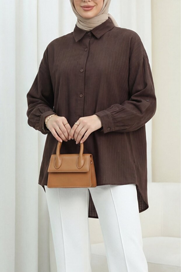 Long Backline Patterned Buttoned Loose Shirt -K. Coffee