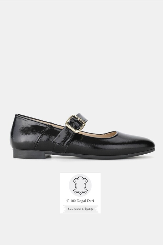 Women's Black Patent Leather Genuine Natural Leather 34-35-41-42 Sizes Strappy Ballet Flats