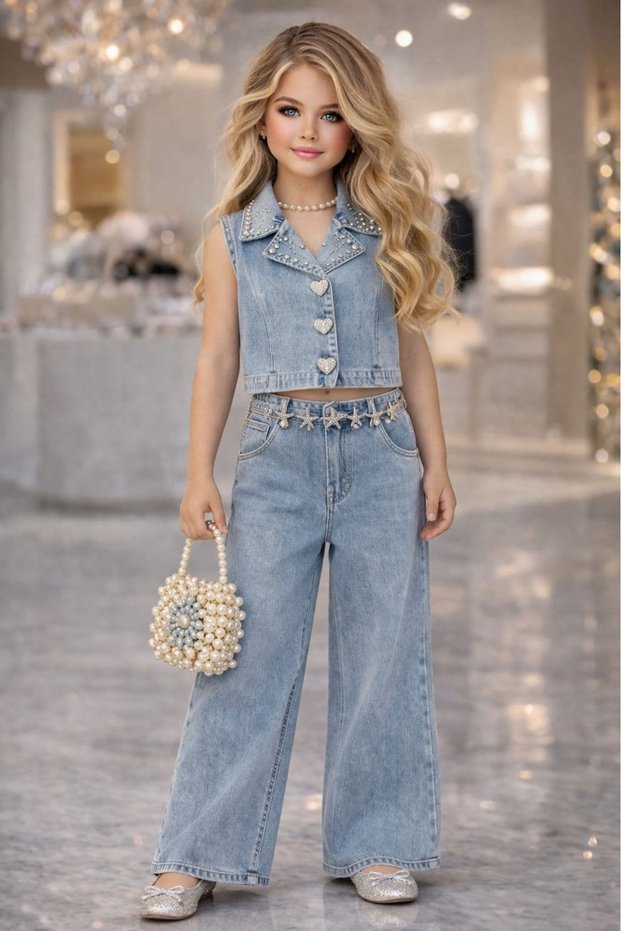 Girl's Denim Blouse Denim Trousers Pearl Bag Belt