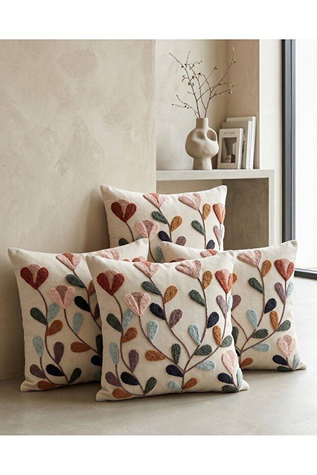 Heart Patterned Punch Embroidery Look Digital Printed Bohemian Style Set of 4 Throw Pillow Covers