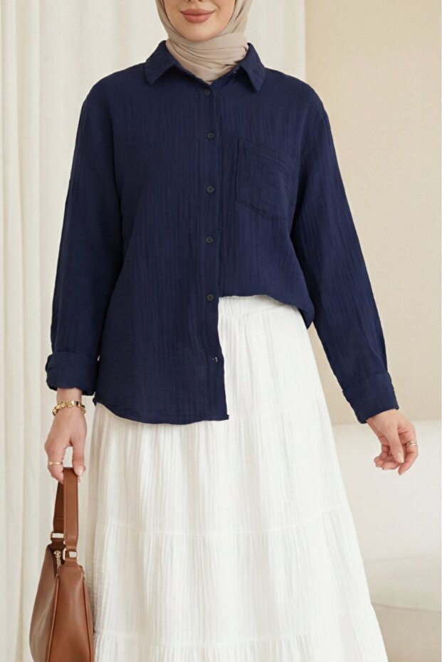 Single Pocket Buttoned Muslin Shirt - Navy