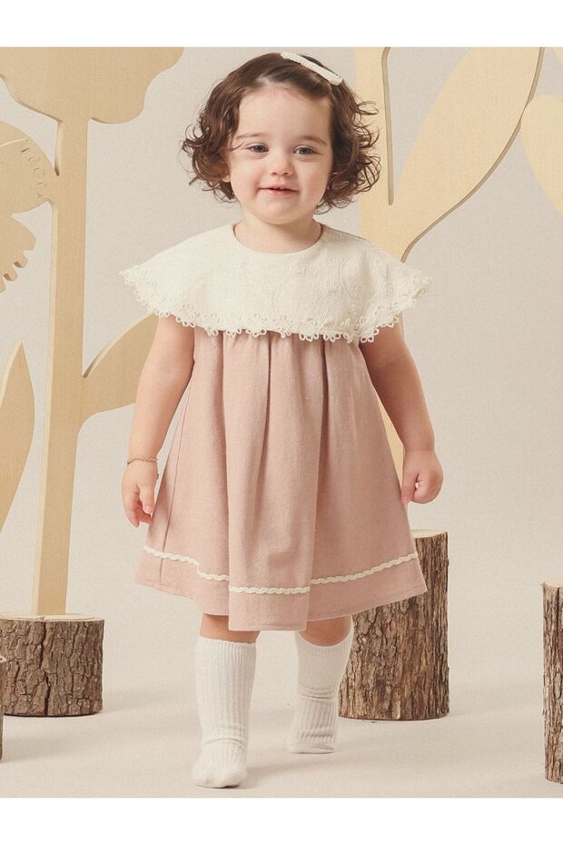 Retro Style Cotton Baby Dress with Flywheel Collar
