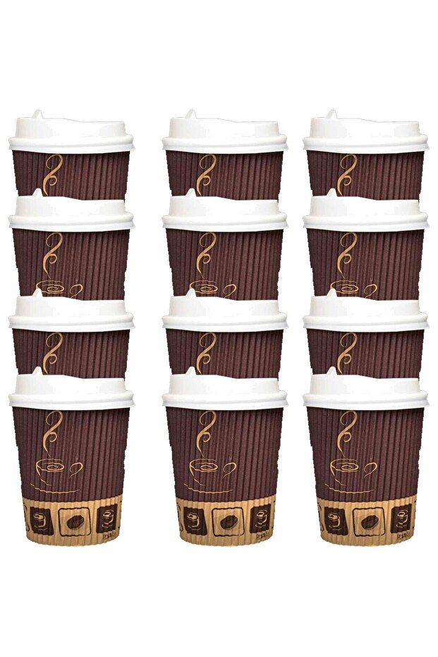12 pcs Paper Ripple Cups 12 oz with Lid Brown