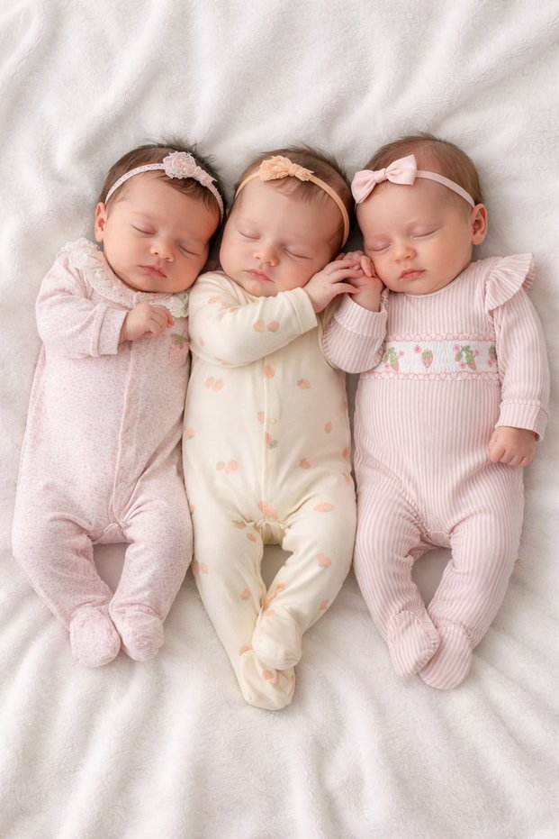 New Born Baby Girl 0/3 Months Strawberry and Flower Patterned 3-Piece Stylish Jumpsuit Set