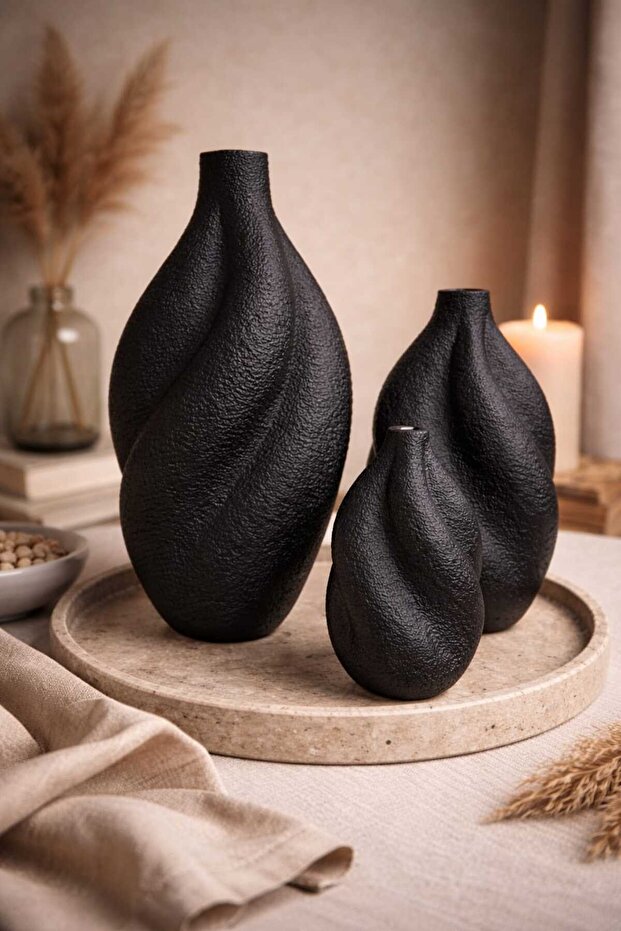 Modern Curved 3-Piece Decorative Vase Set – Ceramic-Look Matte Texture, Home Decor