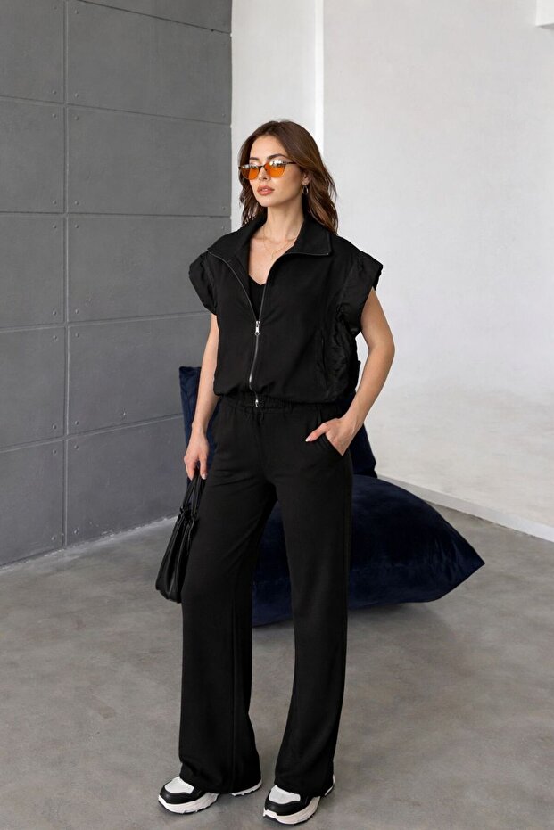 Women's Black Front Zippered Parachute Decorated Vest and Trousers Two-Piece Set