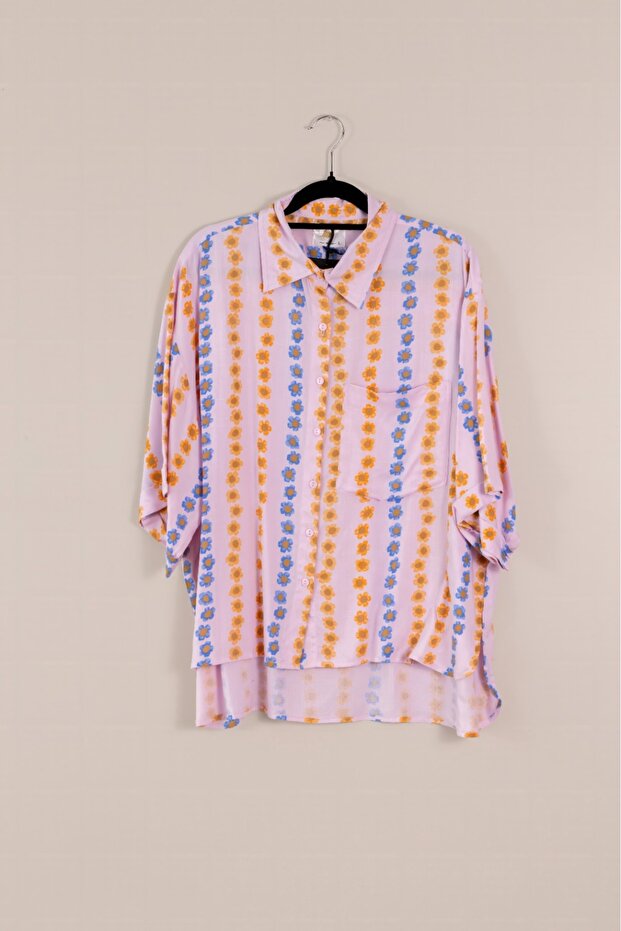 Pink Base Vertical Floral Stripe Printed Shirt