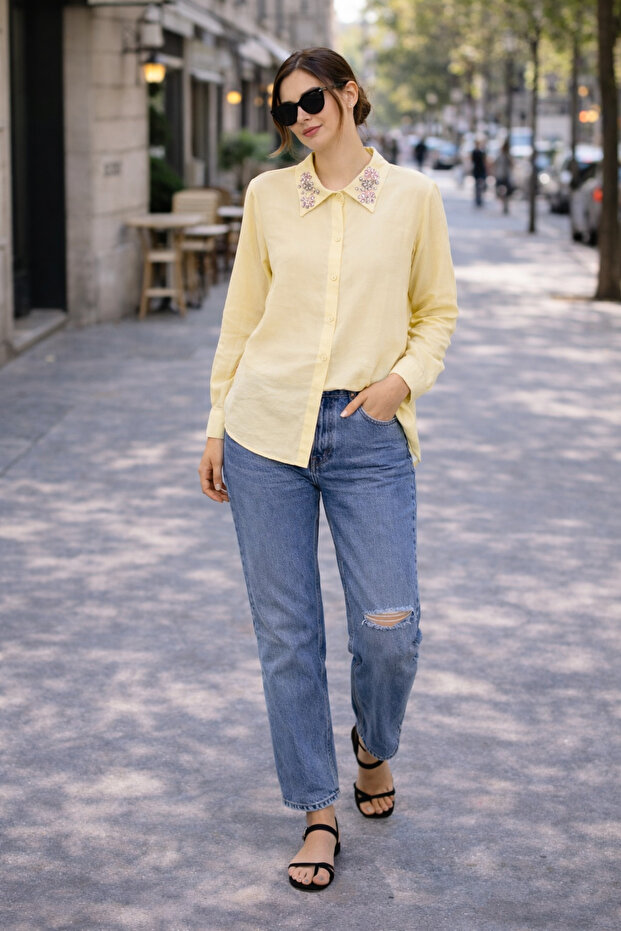 Pastel Yellow Embroidered Collar Shirt