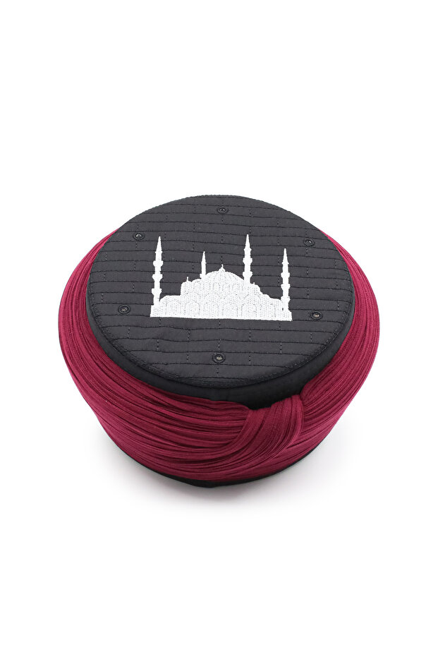 Cami Sarığı - Burgundy Fabric - Black Veil - Plain Wrap - Cami Embroidered - 5 Meters