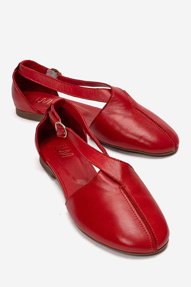 Fable Red Leather Genuine Leather Women's Ballerina Shoes with Open Sides