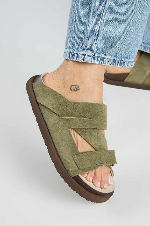 Elifi Women's Genuine Leather Velcro Khaki Slippers