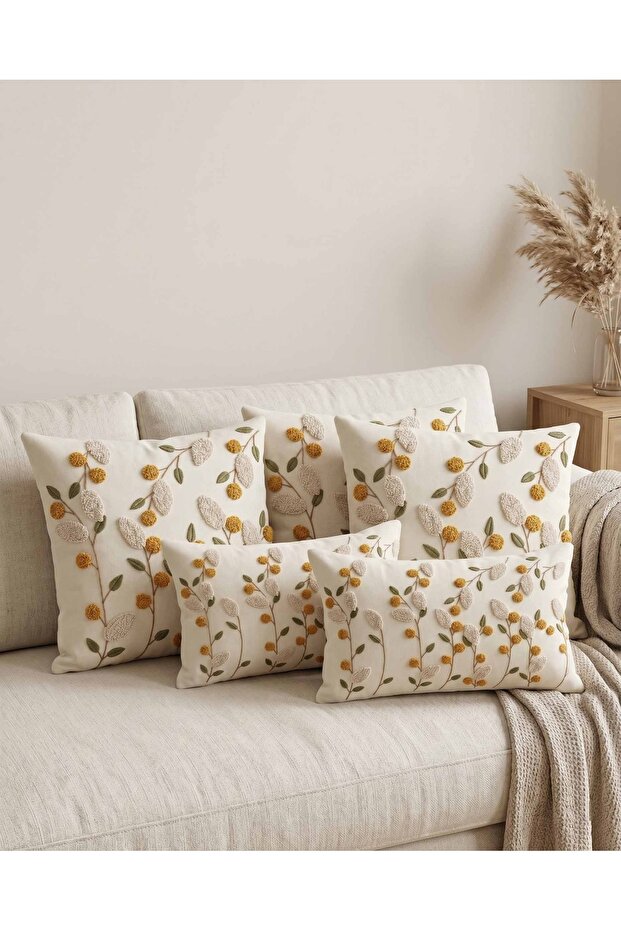 Beige Background Mimosa Patterned Punch Embroidery Look Digital Printed Throw Pillow Cover Set