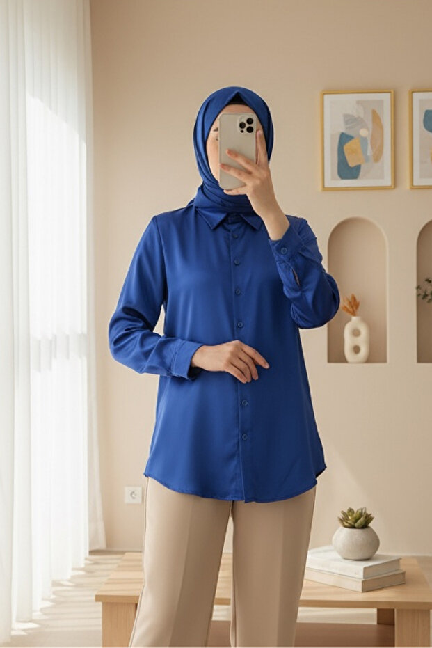 3964 Lightly Flowing Satin Shirt - Cobalt Blue
