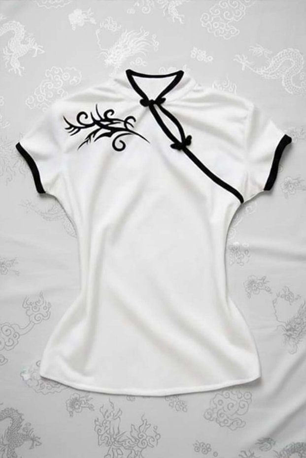 White Chinese Collar Floral Motif White Striped Vintage Y2K Short Sleeve Crop