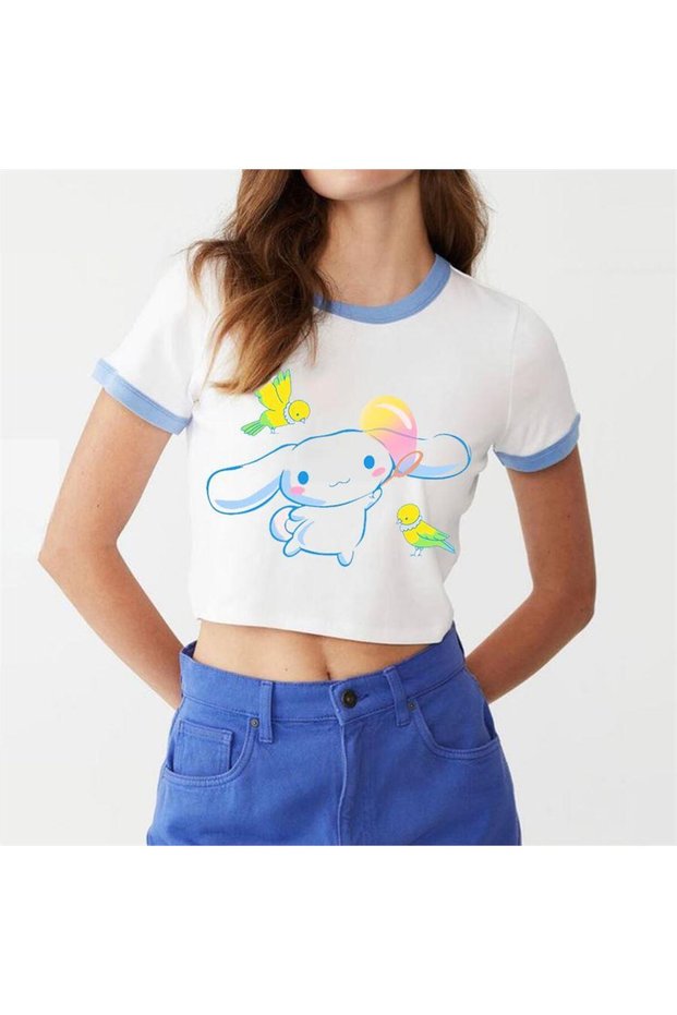 White Anime Sanrio: Cinnamoroll Bird Friends Y2K Short Sleeve Cropped