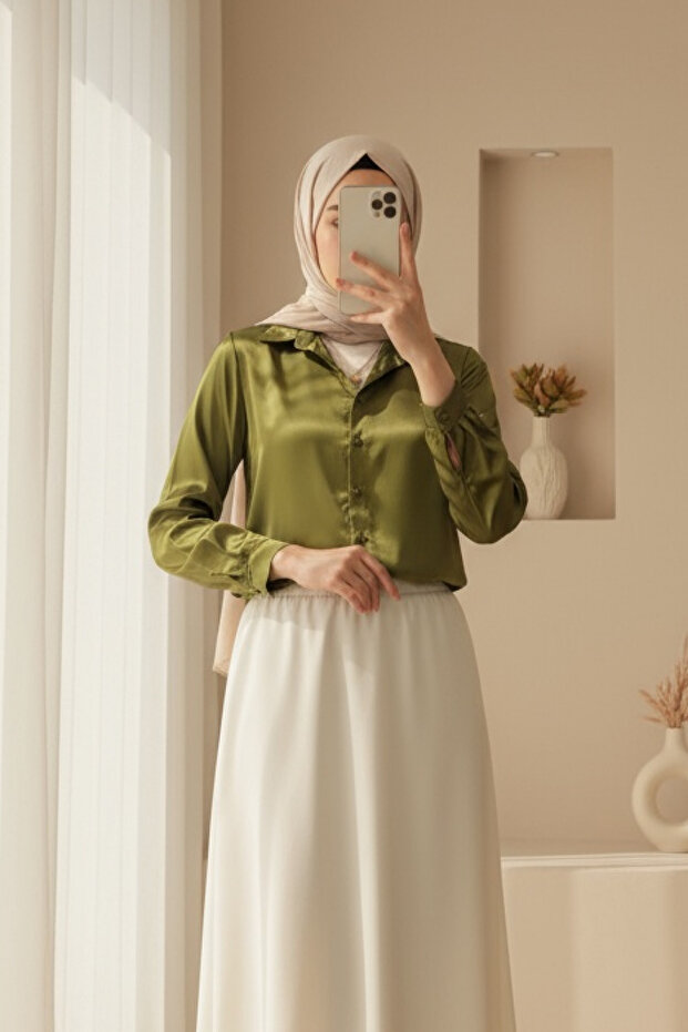 3964 Lightly Flowing Satin Shirt - Y.khaki