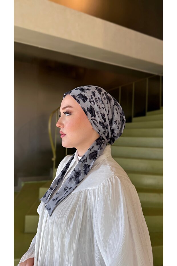 Gray Floral Cheesecloth Scarf Bonnet - Non-Slip, Anti-Sweat (Non-Slip)