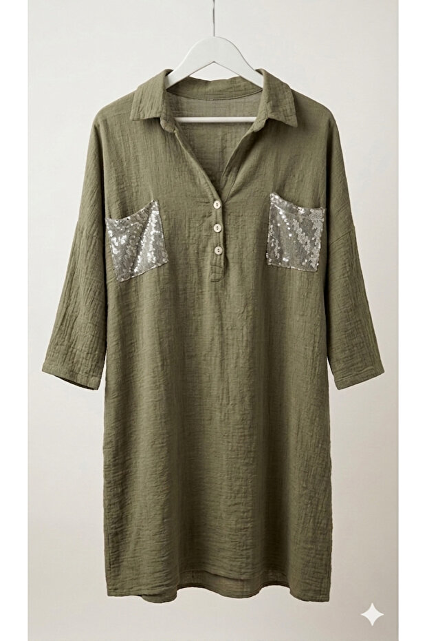 Women's Sequin Pocket Detailed Cotton Authentic Midi Dress