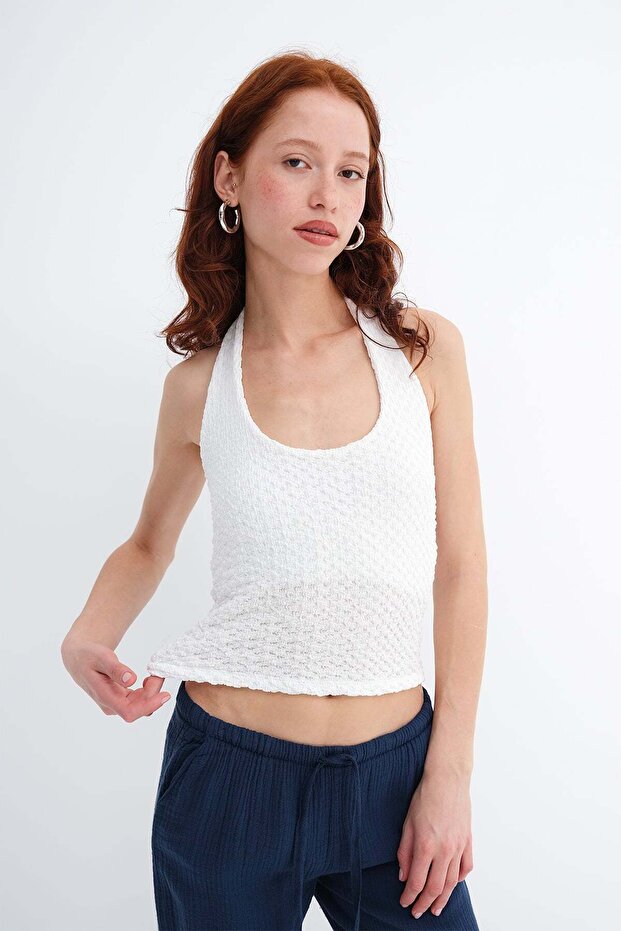 Textured Blouse with Neck Strap B0565 - 1