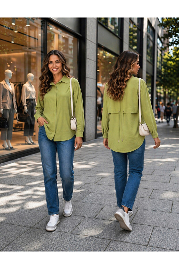 New Women's Woven Modal Fabric Long Sleeve Shirt with Back Tie Detail