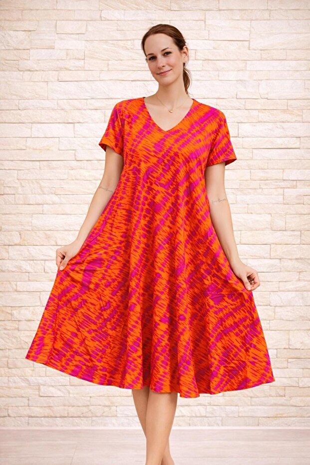 Women's Viscose Fabric Verev Cut Patterned Dress Standard Size 44/48