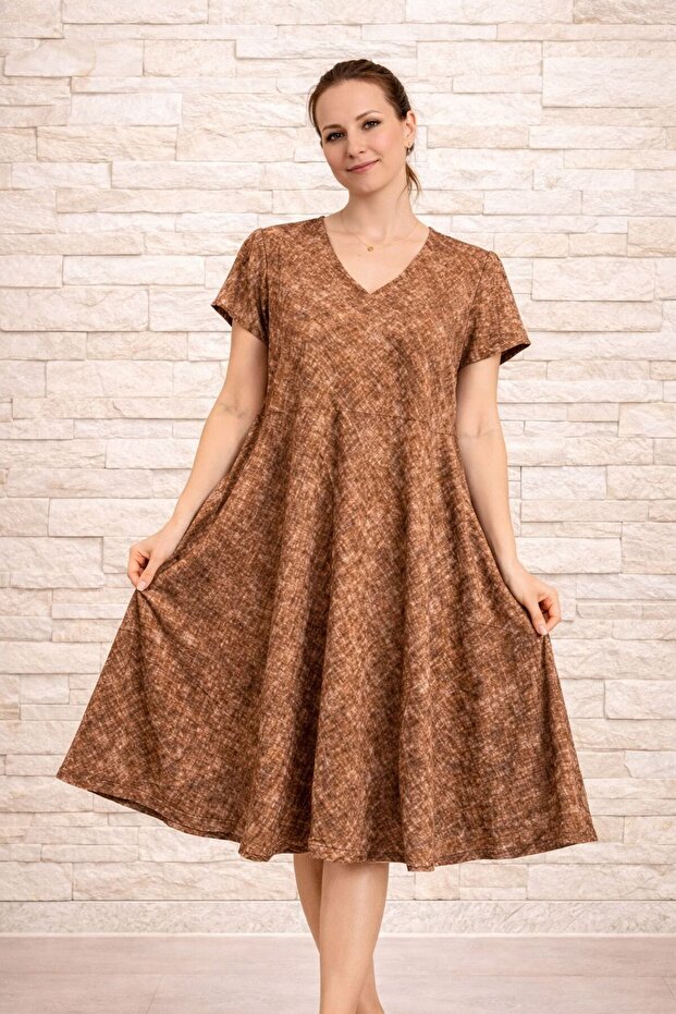 Women's Viscose Fabric Verev Cut Patterned Dress Standard Size 44/48