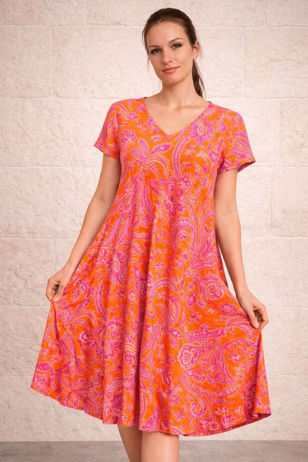 Women's Viscose Fabric Verev Cut Patterned Dress Standard Size 44/48