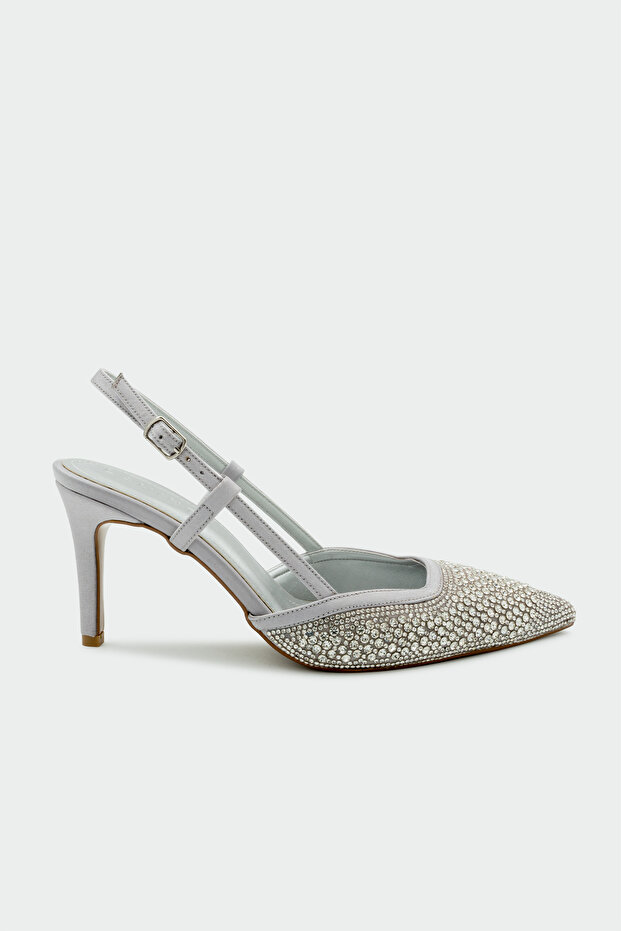 İnzagi Women's Silver Heeled Shoes with Stone Work Detail