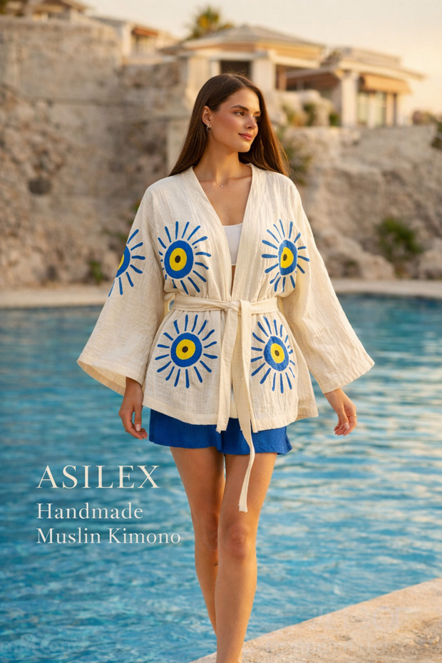 Handmade Muslin Kimono Shorts Set, Evil Eye, Sun Design, Oversize Fit, Breathable Cotton Summer