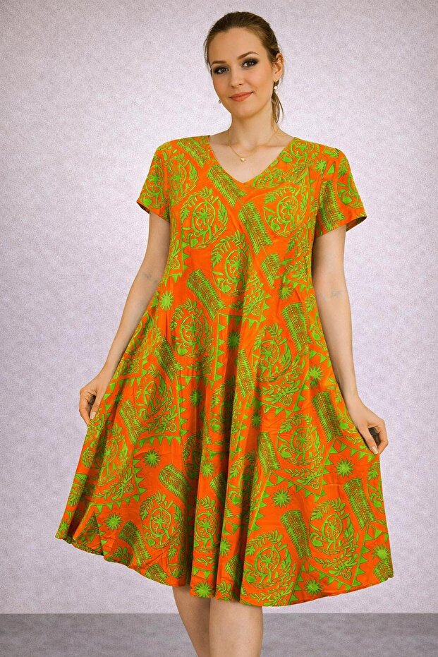 Women's Viscose Fabric Verev Cut Patterned Dress Standard Size 44/48