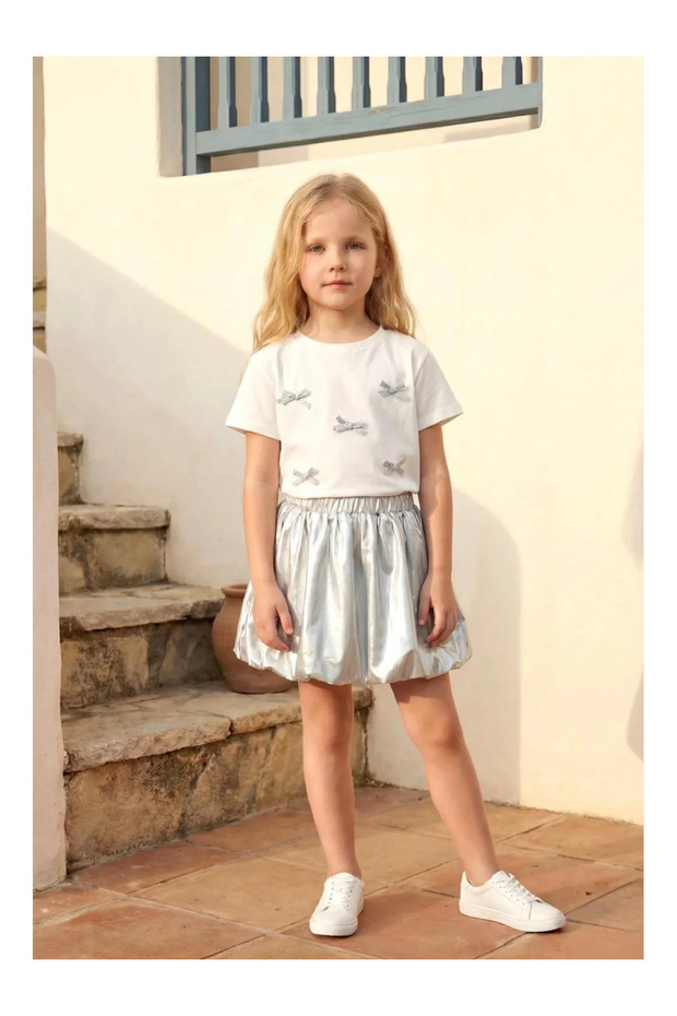Silver Balloon Skirt Bow Tshirt Girls' Set
