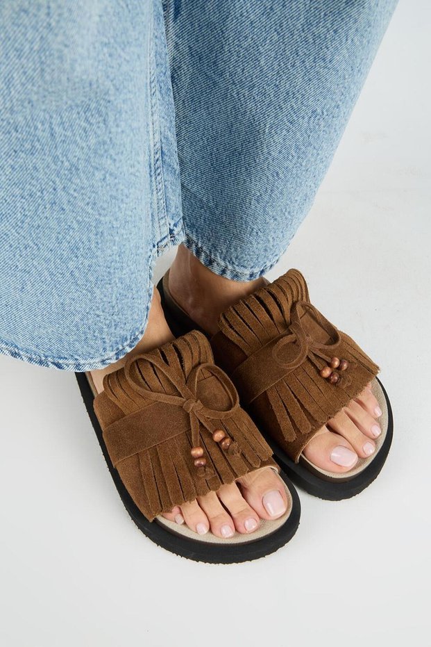 Yasmin Women's Genuine Leather Tasseled Bead Detailed Open-Front Tan Slippers