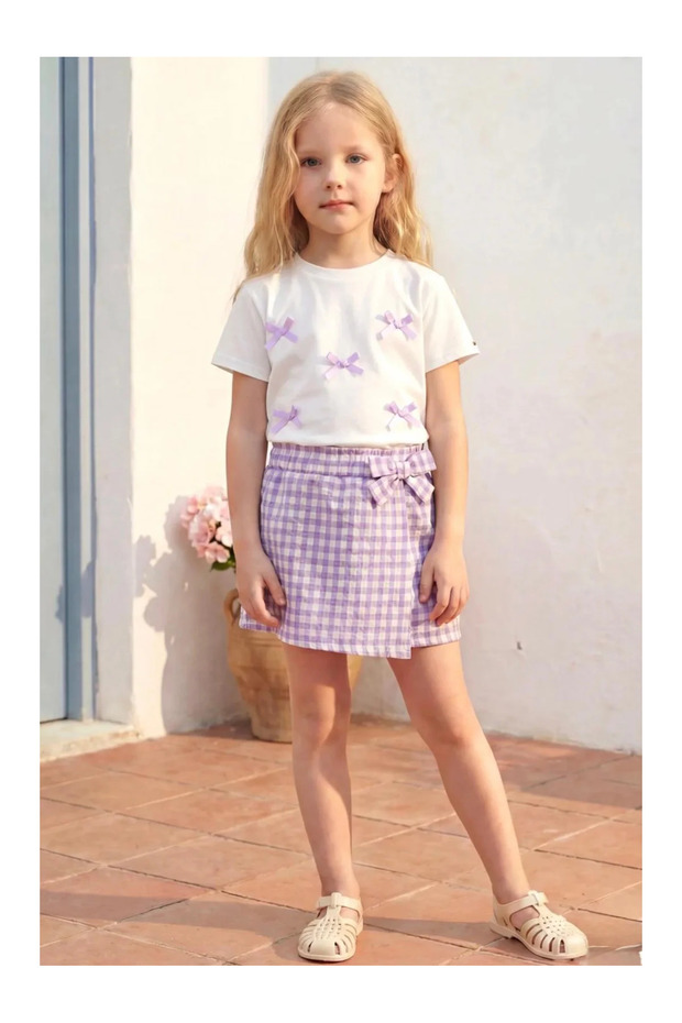 Bow Tshirt, Plaid Shorts and Skirt Set - Lilac