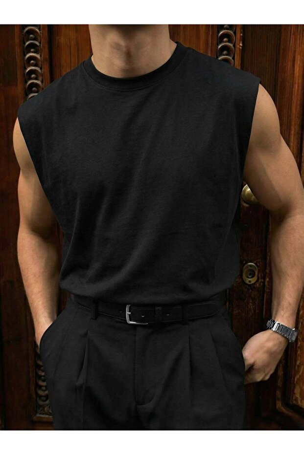 Men's Oversize Zero Sleeve T-Shirt Wide Shoulder Cut Loose Basic Undershirt Cotton Comfortable Fit T-Shirt