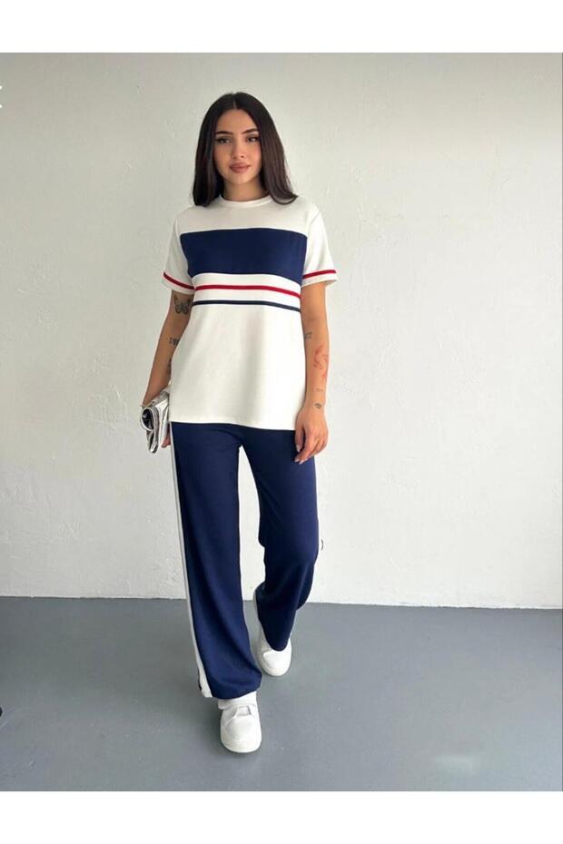 Textured Crew Neck Garni Detailed Short Sleeve Women's Tracksuit Set