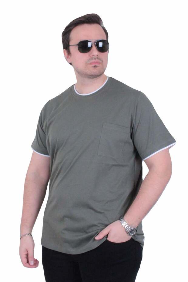 Men's Large Size Crew Neck T-Shirt with Pocket 26143 Khaki