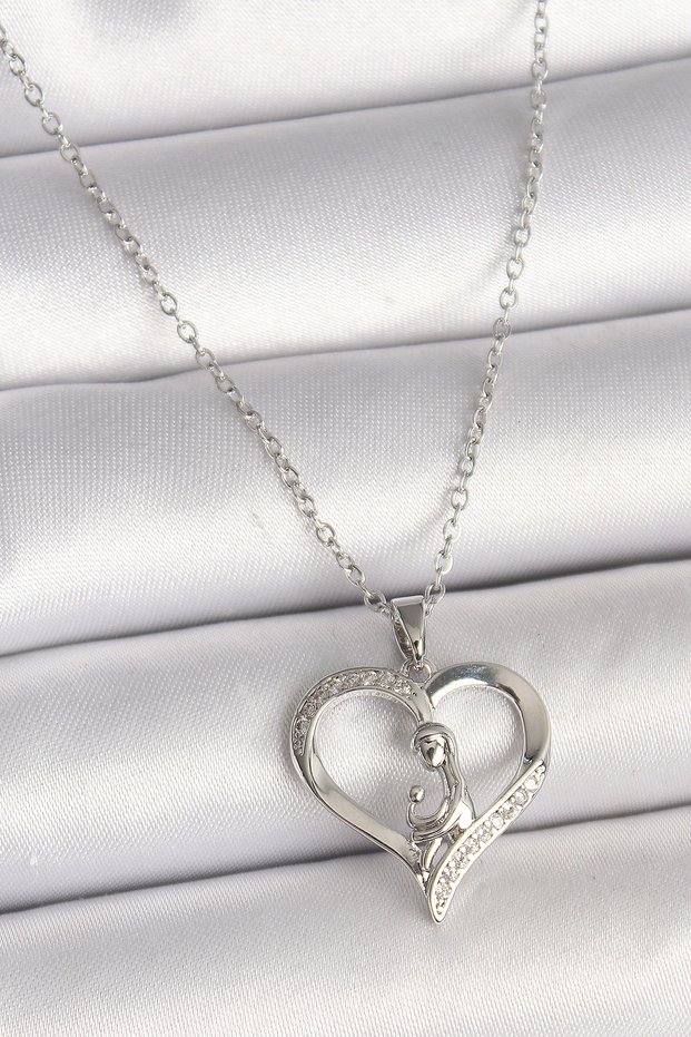 316L Steel Silver Color Chain Zircon Stone Detailed Heart Model Women's Necklace