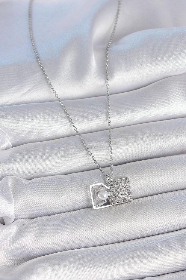 316L Steel Silver Color Chain Zircon Stone Pearl Open Diamond Model Women's Necklace