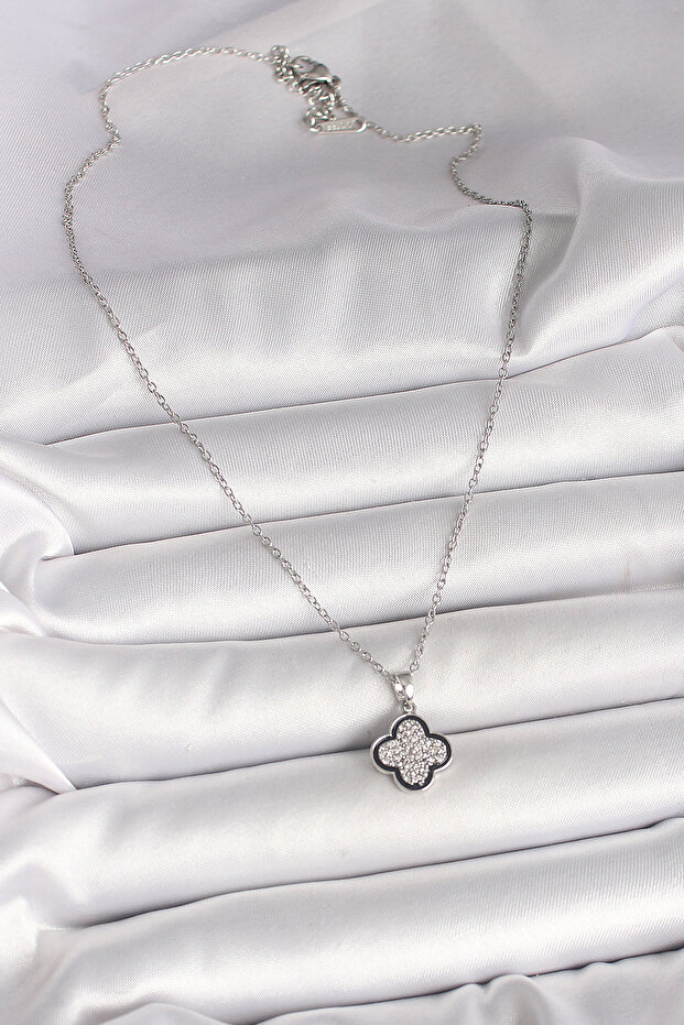 316L Steel Silver Color Chain Zircon Stone Clover Model Women's Necklace