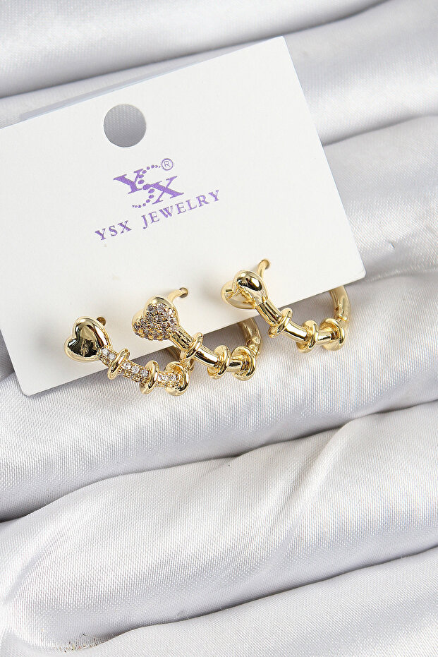 Brass Zircon Stone Heart Model Gold Color 3& # 39-Piece Women's Earrings
