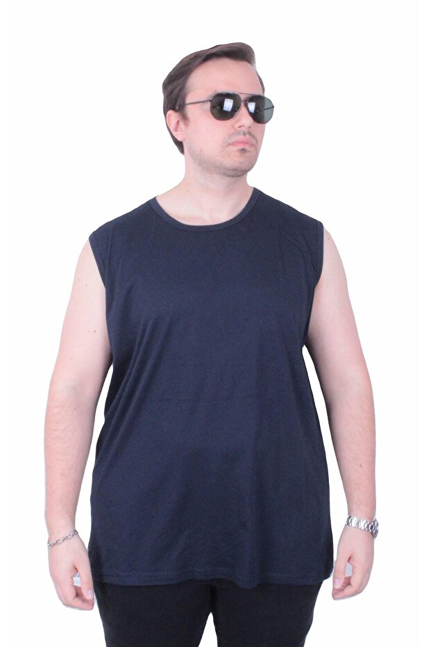 Large Size Printed Sleeveless T-Shirt Life Is Never 26121 Navy Blue