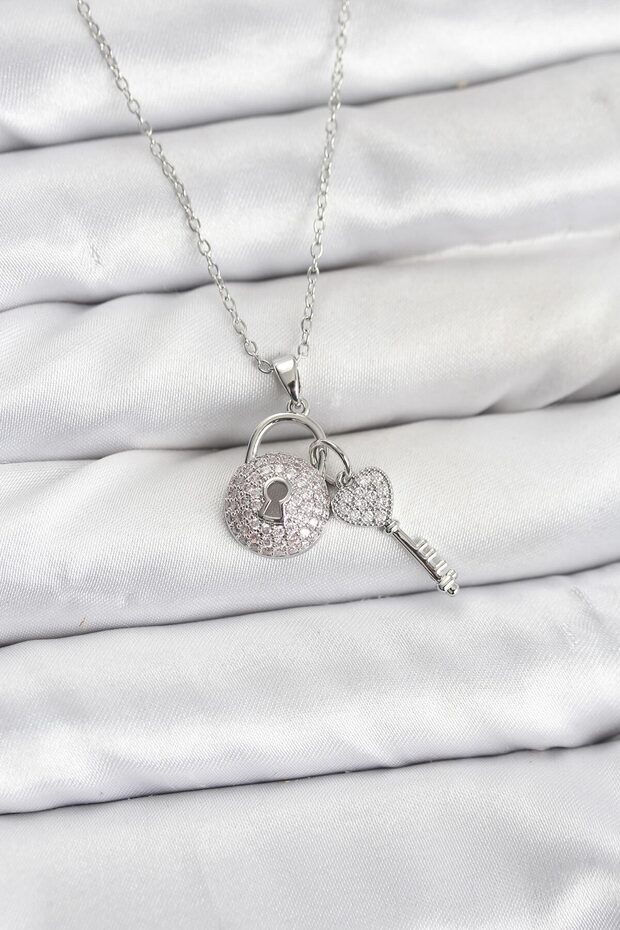 316L Steel Chain Silver Color Lock Key Model Zircon Stone Women's Necklace