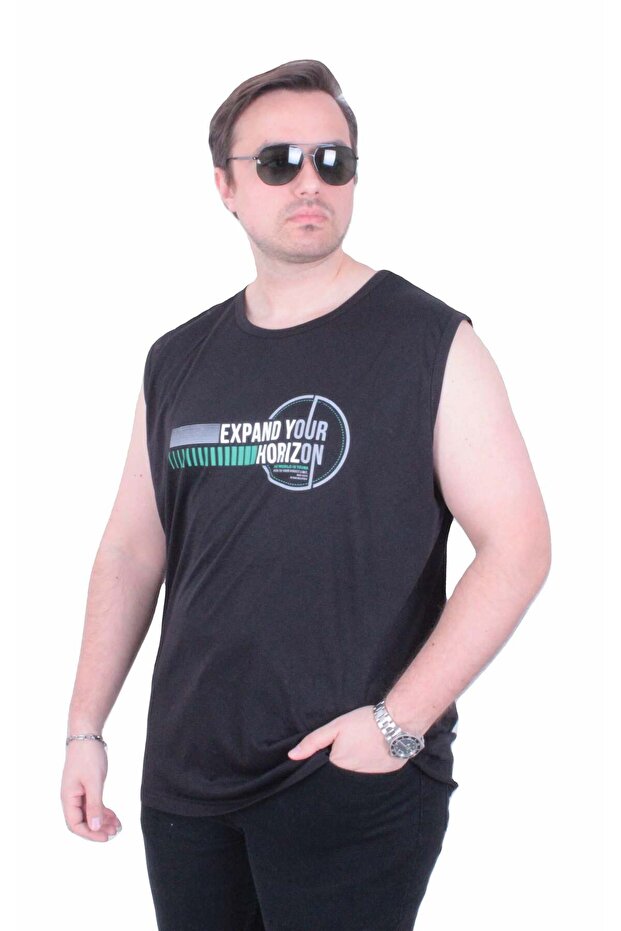 Large Size Printed Sleeveless T-Shirt Horizon 26128 Black