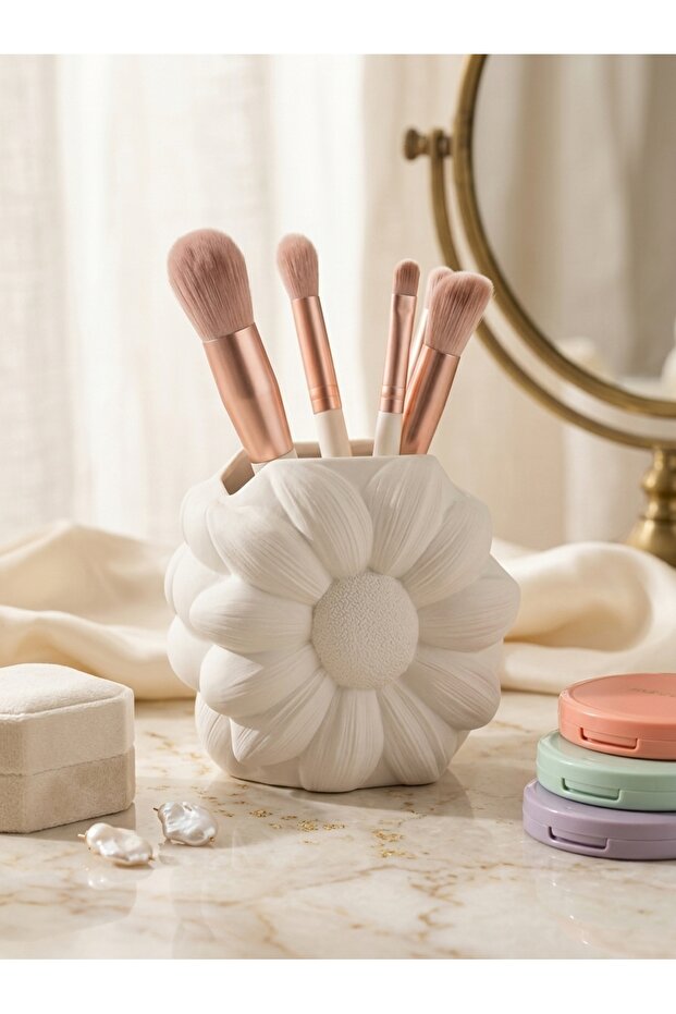 Flower Design Makeup Organizer Concrete – Brush and Pen Holder 9X8 cm