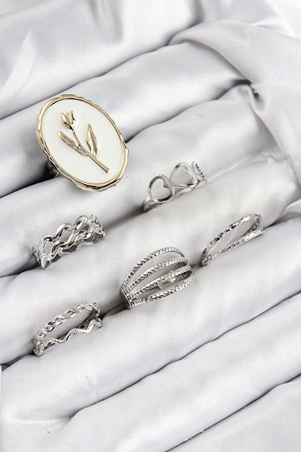 Brass Zircon Stone Tulip Model Silver Rk Women's Ring Combination Set