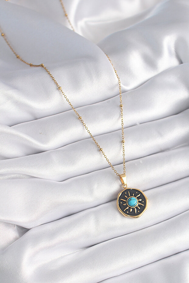 316L Steel Gold Color Blue Bead Sun Engraving Medallion Model Women's Necklace