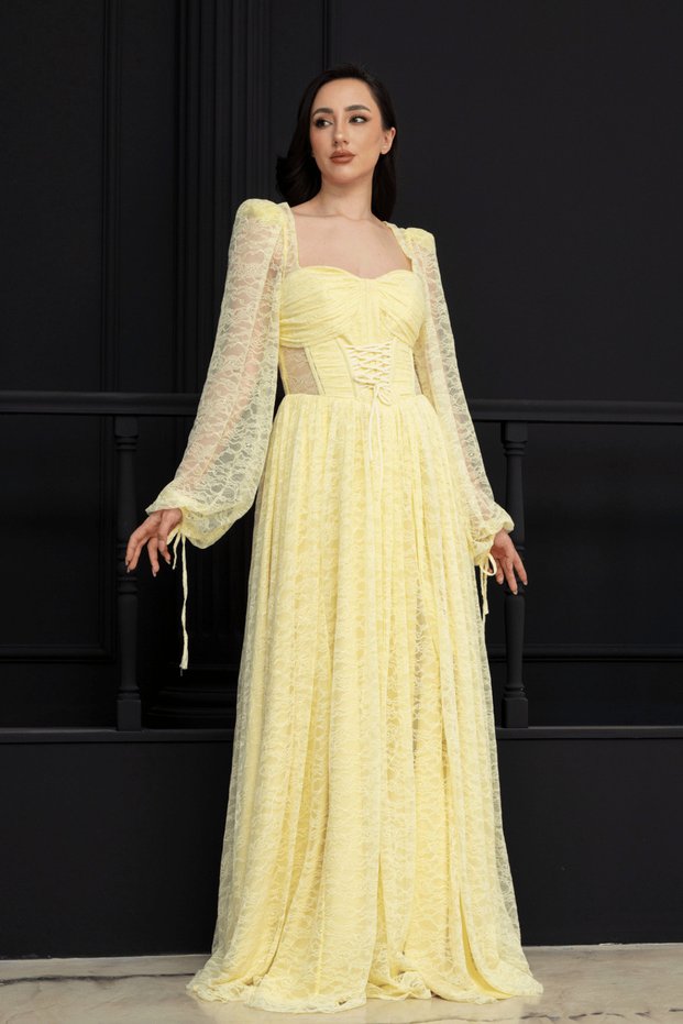 Bale Detailed Long Lace Evening Dress - Yellow
