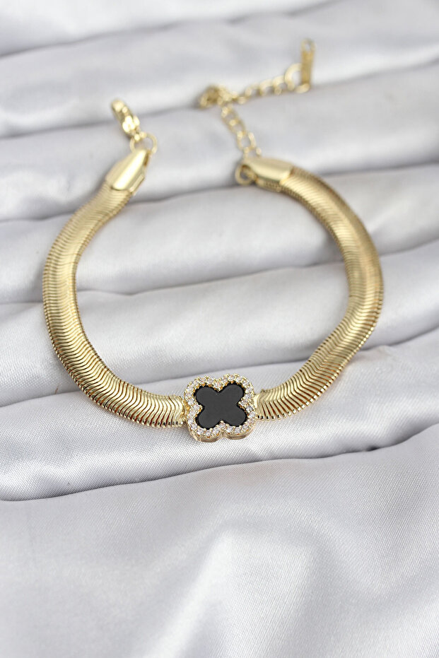 316L Steel Gold Color Black Clover Model Zircon Stone Snake Chain Women's Bracelet