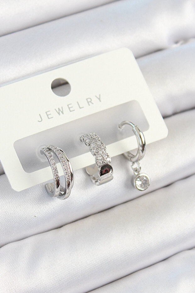 Brass Zircon Stone Ring Model Silver Color 3& # 39-Piece Double Women's Earring Set